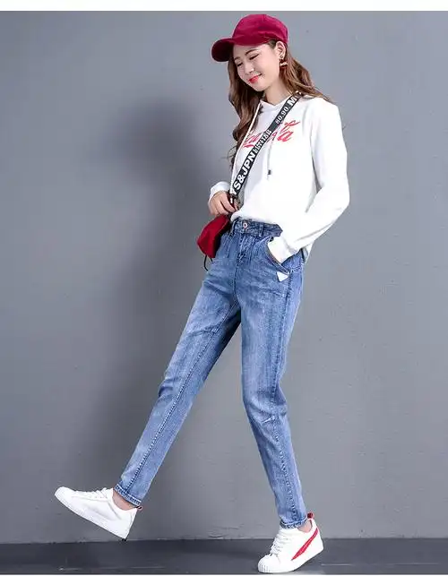 哈伦裤牛仔裤女 秋冬季新款韩版弹力百搭大码胖mm高腰 学生长裤