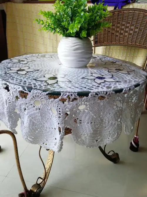 手工钩针钩花圆形餐桌桌布纯棉蕾丝镂空编织桌布