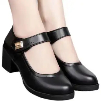 熊高跟鞋粗跟软皮工作鞋休闲透气四季单鞋女妈妈皮鞋跳舞女鞋黑色38