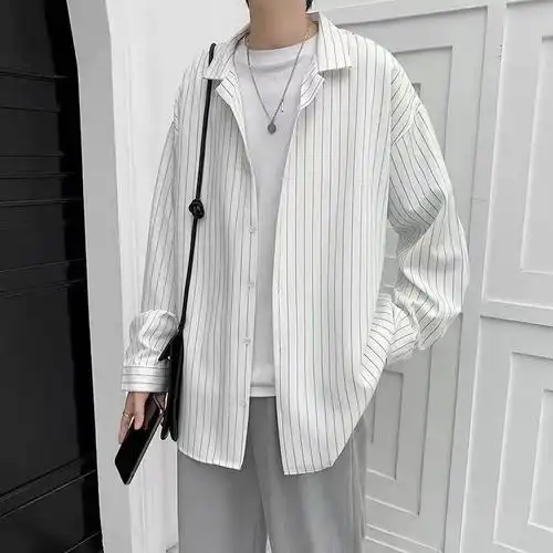 杉骆衬衫男长袖韩版宽松条纹衬衣春夏帅气百搭外套的痞帅衣服白色c03