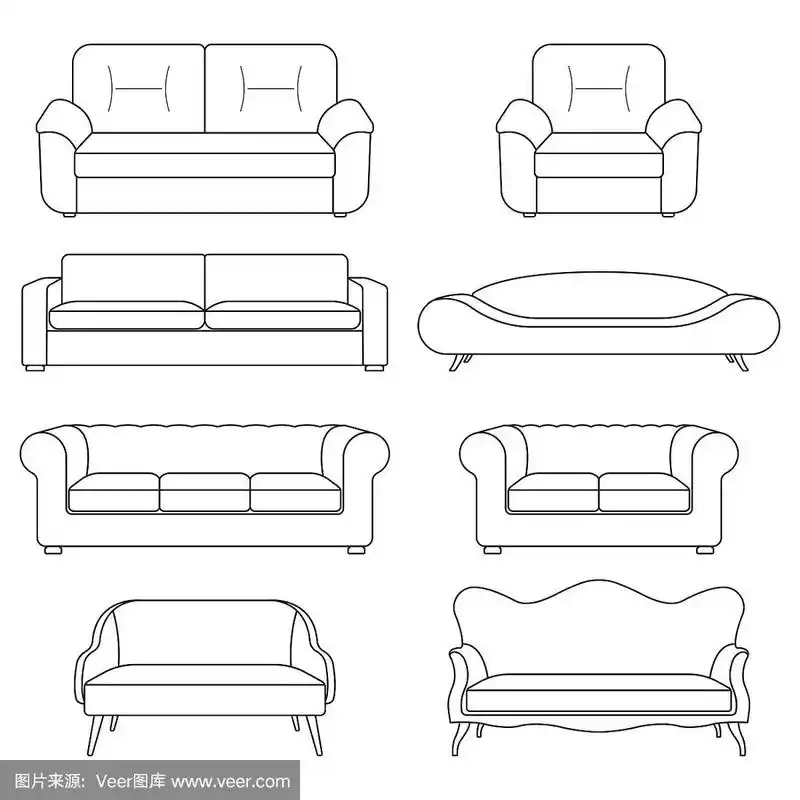 现代,复古和复古沙发收藏.家具轮廓符号.矢量插图.