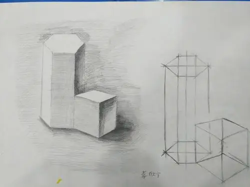 7跟我学美术东校区创意素描基础班周六下午学生作品《正方体六棱柱