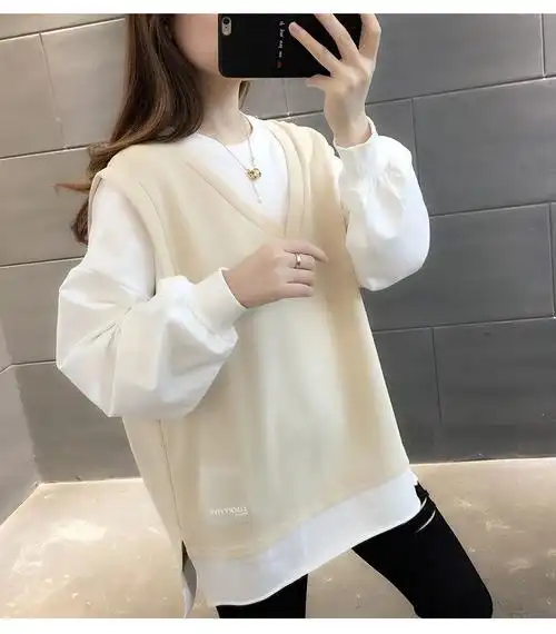 假两件卫衣女装拼接初秋薄款新款2021长袖韩版宽松开叉套头棉上衣