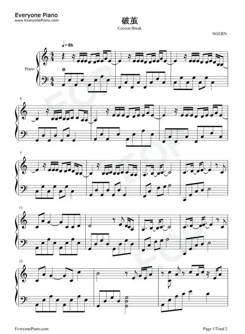 破茧-c调简单版-张韶涵破茧成蝶告诉大家她是自由的鸟五线谱预览1