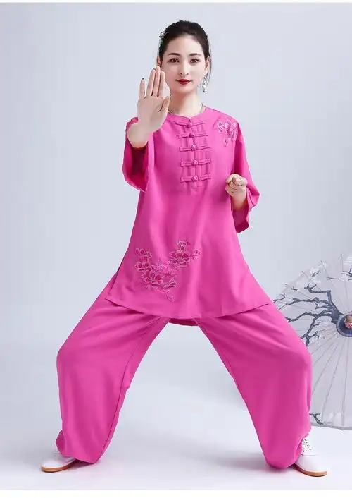 太极服女棉麻七分袖短袖刺绣新款玉兰花太极拳比赛武术运动服装橘色