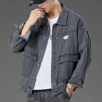 男士牛仔外套新款韩版潮流牛仔衣夹克宽松上衣灰色m