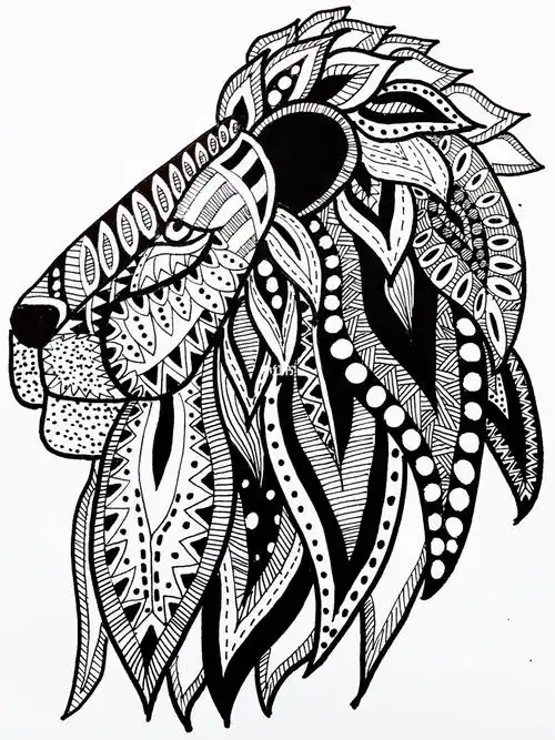 黑白线描装饰画线描狮子儿童创意画