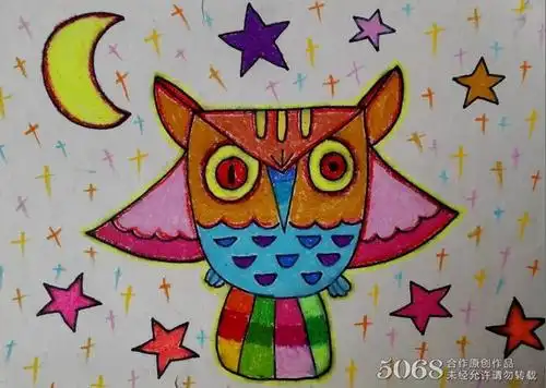 飞翔的猫头鹰动物蜡笔画教师范画_蜡笔画 - 5068儿童网