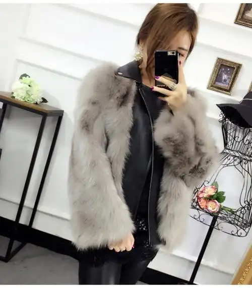 2016休闲狐狸腹毛上衣 秋装新款长袖修身机车款