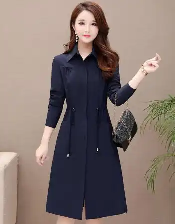 时尚风衣外套女中长款过膝2021秋装新款修身气质优雅翻领大衣兰色xxl