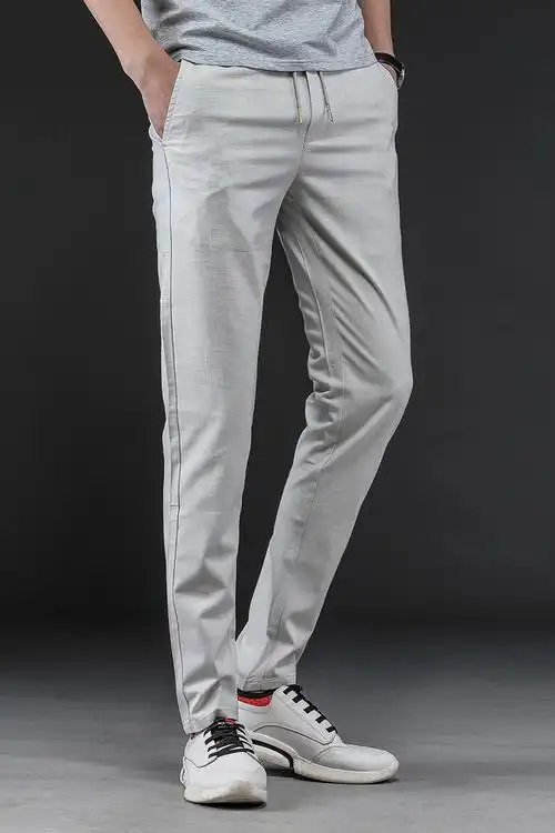 2020男士休闲裤夏季薄款男裤亚麻时尚潮牌男装松紧腰长裤子修身款