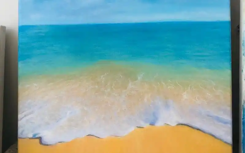 沙滩海边大海手绘画丙烯画