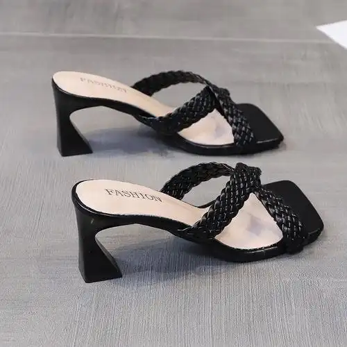 外穿仙女风编织凉拖鞋女高跟鞋2021年夏季新款粗跟女鞋温柔风拖鞋