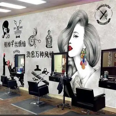 3d手绘复古理发店壁纸美容美发造型室背景墙壁画时尚发廊墙纸墙布