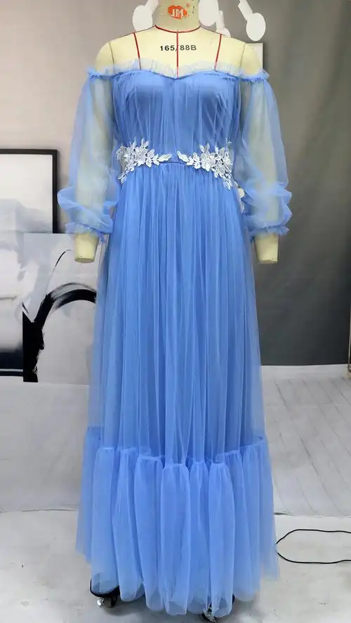 新款欧美外贸女装一字肩网纱长袖婚纱礼服大摆宴会连衣裙