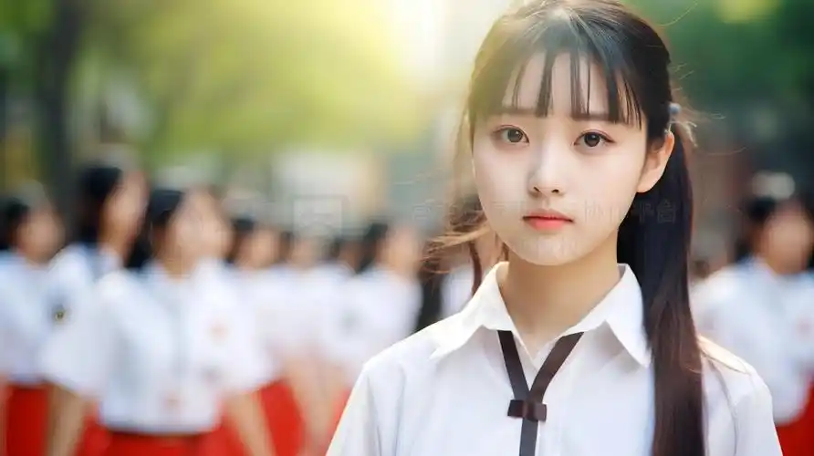 高中校园生活场景人像摄影图一群中国学生身着校服,在学校门口迎接