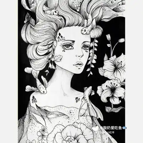 线描装饰画人物系列二人鱼公主