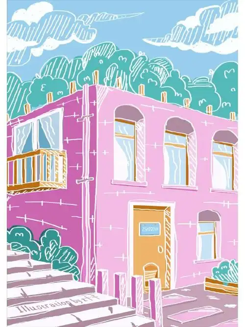 ai矢量插画手绘线条粉色小屋