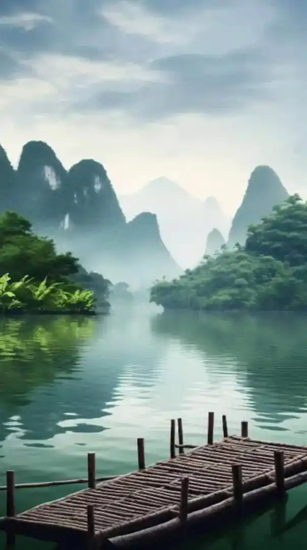 这是一张风景照,前景是桂林竹筏,远处是云雾缭绕的山水风光.  - 抖音