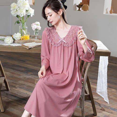 睡裙女2021新款春秋莫代尔棉长袖公主风睡衣大码宫廷风家居服裙子