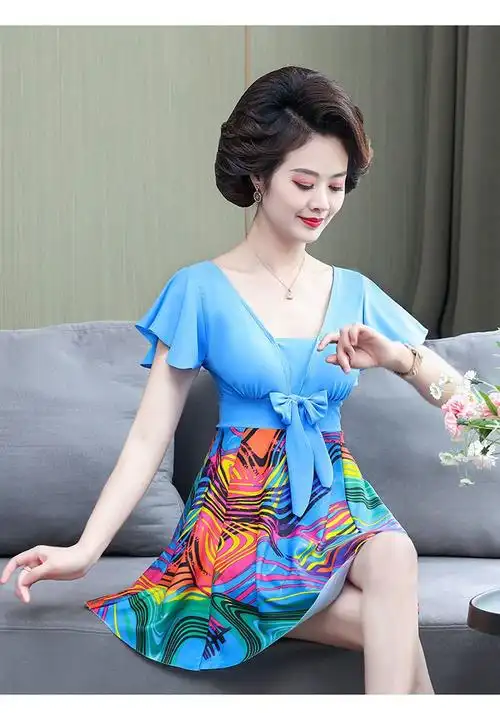 中老年人妈妈款游泳衣大码2215蓝色波纹连体泳帽4xl建议体重145160斤