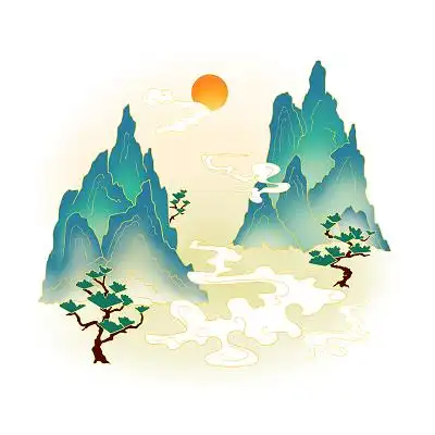 手绘卡通国潮山和祥云原创插画素材