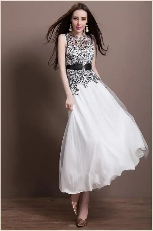 欧美大牌女装春夏新款连衣裙高端蕾丝绣花长裙韩版修身拼接礼服裙