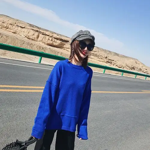 毛衣女2017秋季新款圆领针织衫宽松韩版学生长袖百搭宝蓝色上衣潮