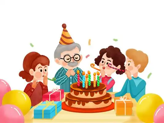彩色手绘卡通老人过生日生日派对温馨欢聚一堂元素png素材