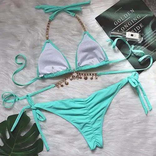 ins性感纯色水晶钻石比基尼三点式丁字绑带分体泳衣女biki sexy 浅