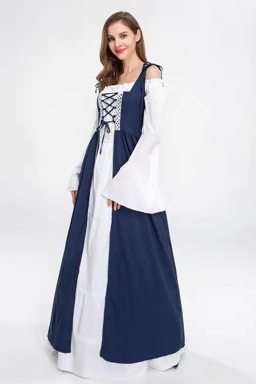 万圣节大码cos欧洲中世纪复古绑带束腰连衣裙一字民族服装