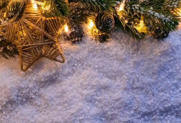圣诞枞树与灯光和星星在雪地里在黑暗中,从上面查看