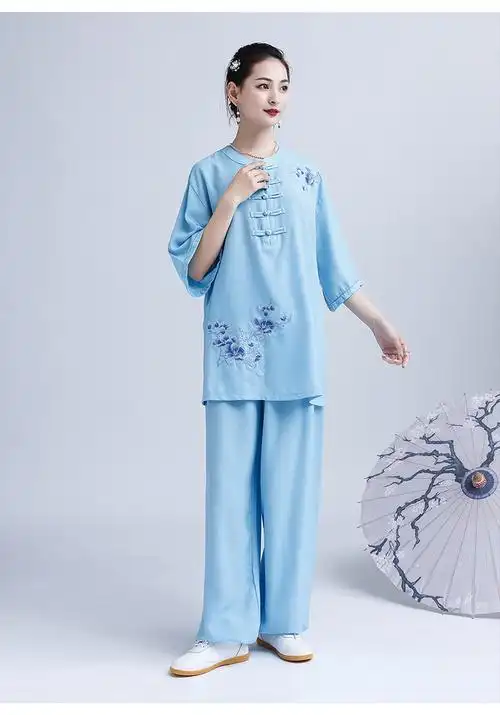 太极服夏季七分袖太极服女棉麻亚麻中袖短袖七分袖透气太极拳服练功服