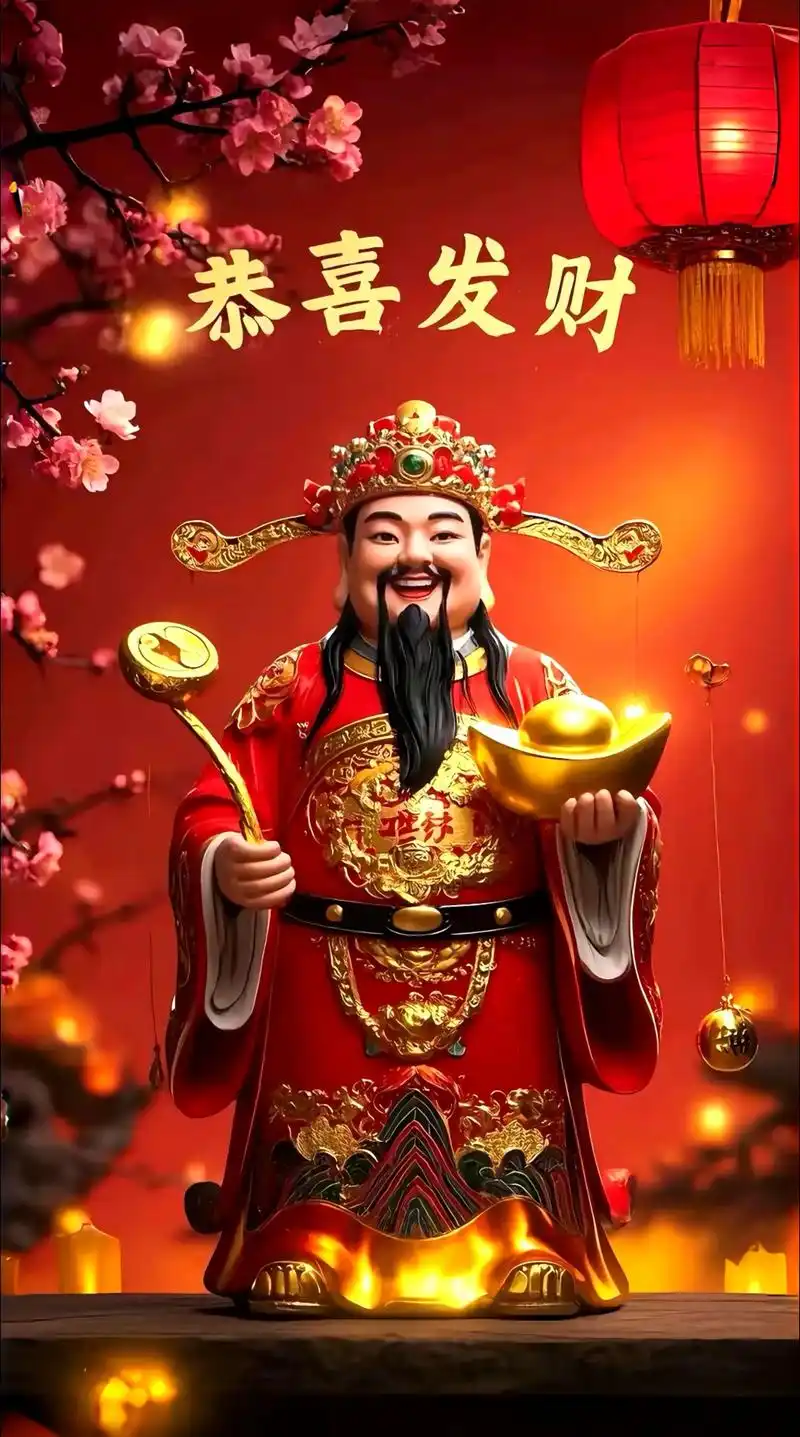 高清壁纸:梅花灯笼伴财神,富贵祥瑞满人间.财神赫赫立堂前,满