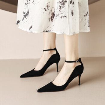 tata他她黑色气质高跟鞋女细跟一字扣尖头单鞋女春秋新款黑色34