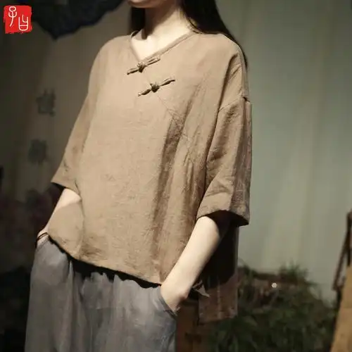 原创上衣亚麻襟盘领斜复古文艺茶服布衣中式衬衫