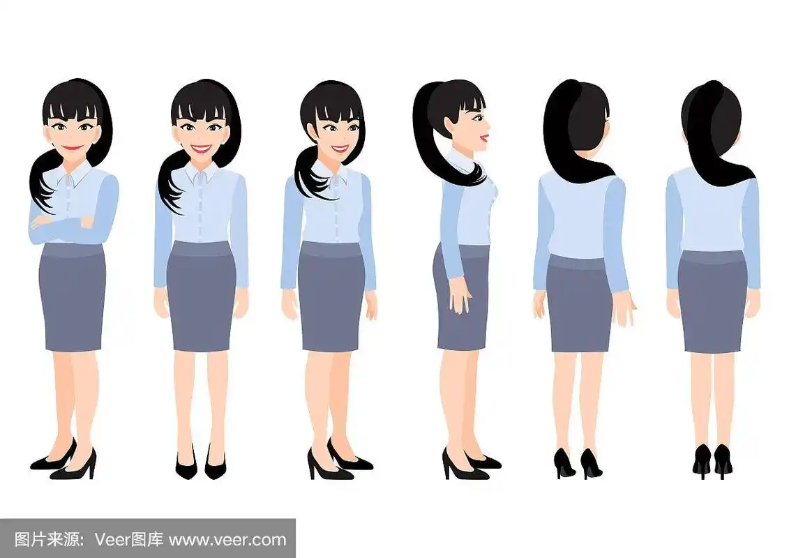 卡通人物与商务女性在智能衬衫的动画.正面,侧面,背面,3-4视图字符.