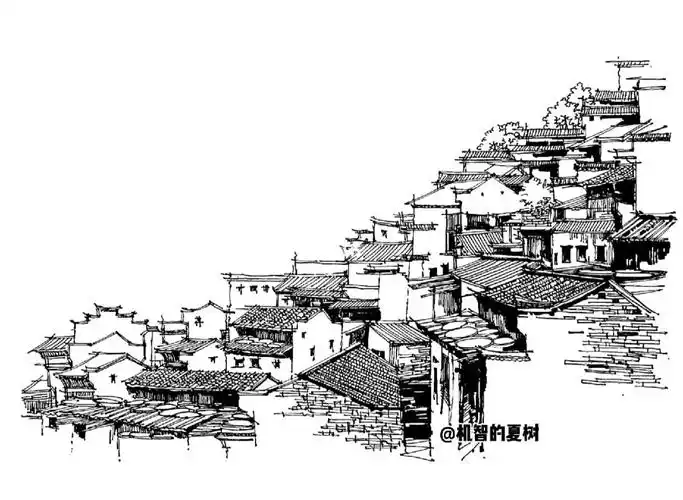 夏树丨江西婺源群楼钢笔速写分享风景速写
