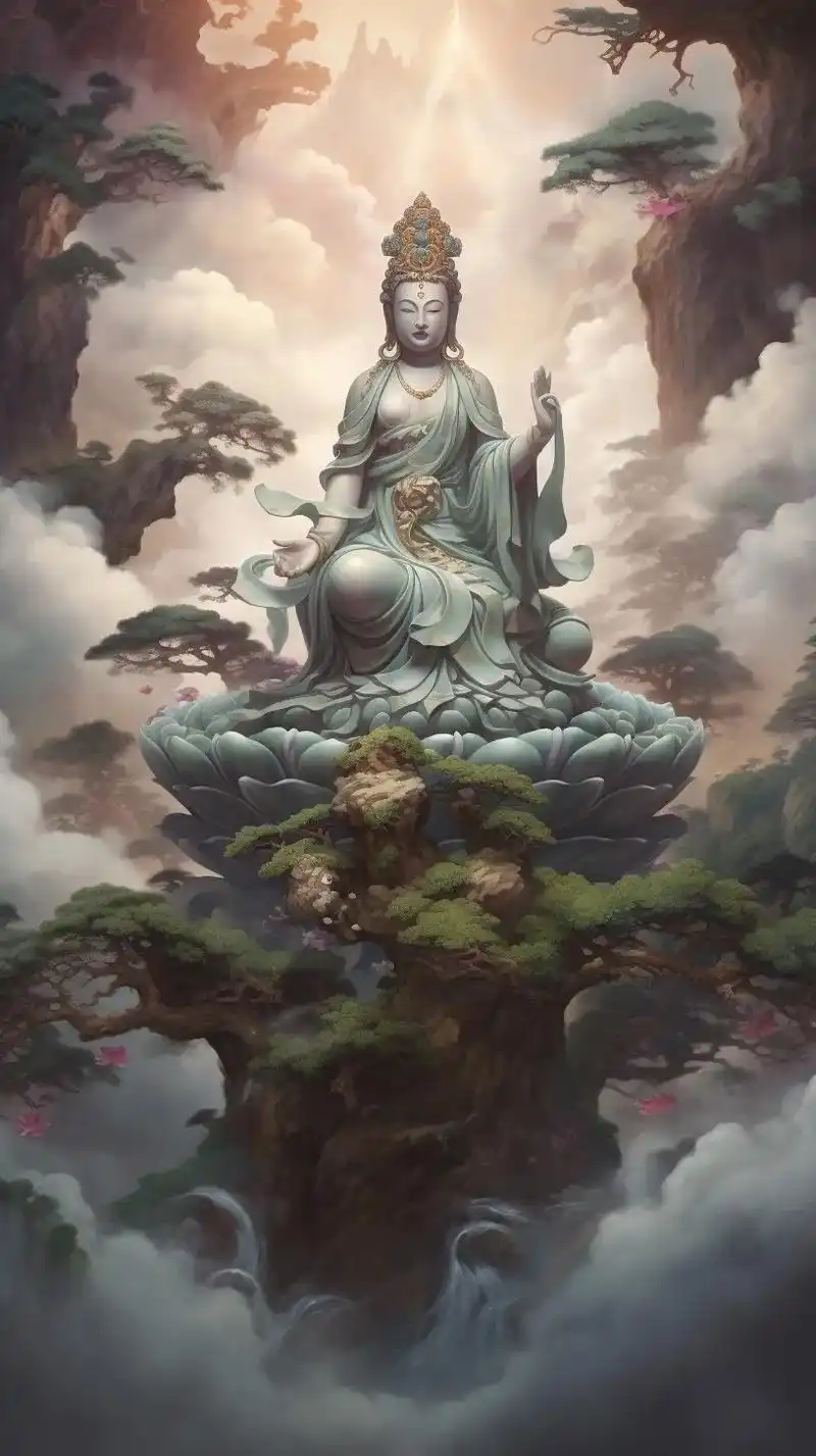 "极乐世界中,观世音菩萨静坐于莲花之上,微笑着倾听万民的心声 - 抖音