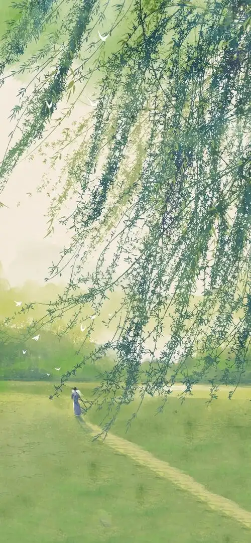 治愈系古风山水人物插画系列壁纸98绿色意境#壁纸##手机壁纸##风景