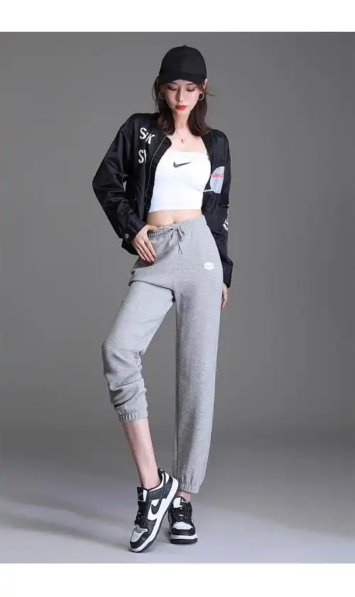 灰色运动裤女宽松显瘦束脚休闲秋冬卫裤子灰色l贴标华夫格100120