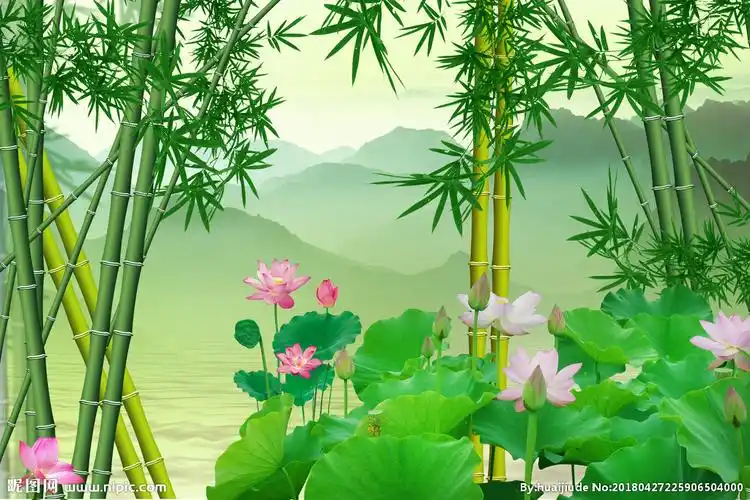 荷花背景墙竹子图片