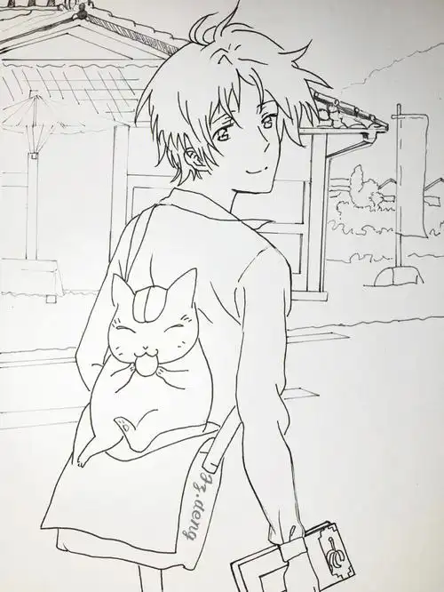 动漫手绘插画夏目友人账线稿铅笔稿