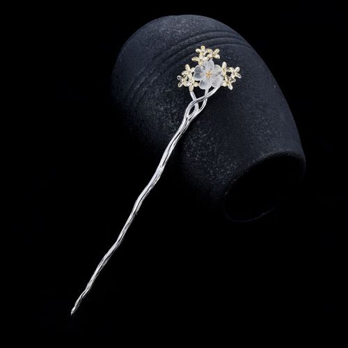 发簪s925银白水晶花朵簪子古风简约日常盘发步摇汉服古典发钗 发簪