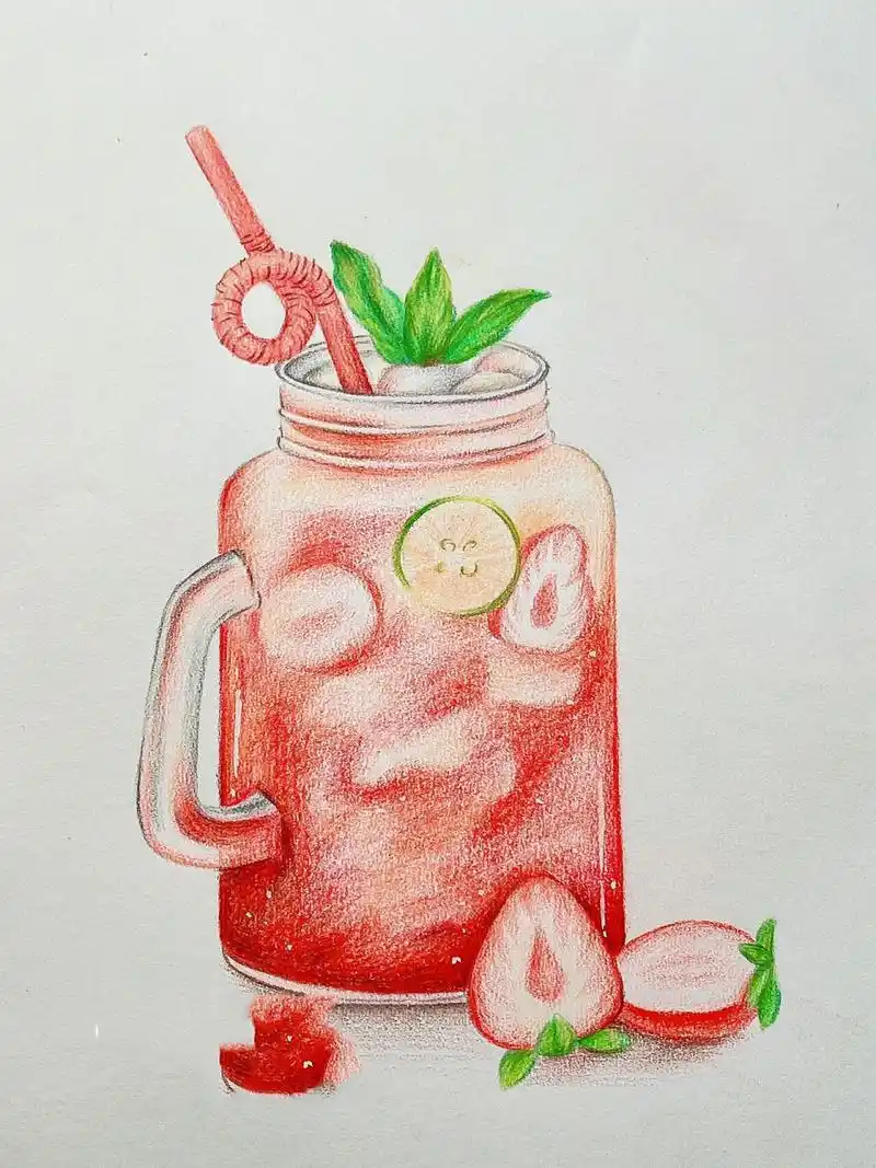 彩铅画 | 草莓果汁 夏季饮品 彩铅画 过程图