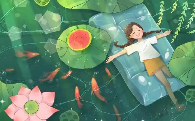 夏天海报背景夏天背景卡通手绘夏天俯瞰水面原创插画素材海报女孩荷塘