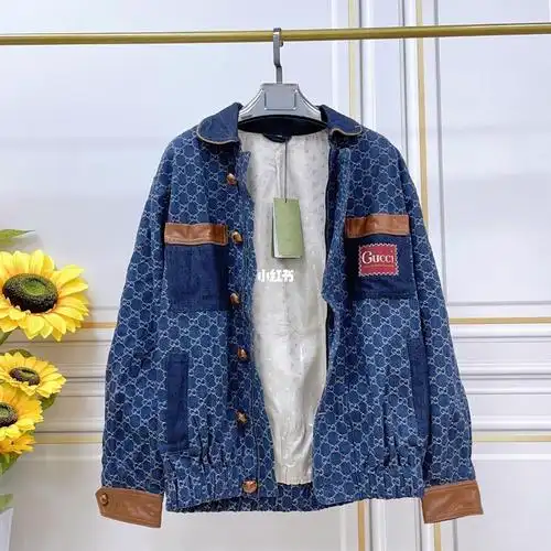 gucci老花拼接真皮牛仔外套