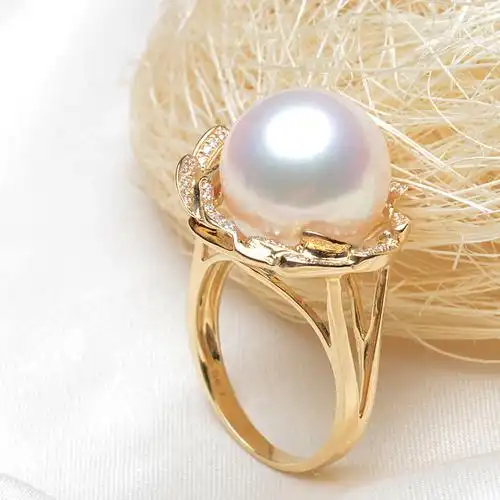 13-14mm正圆无暇强光珍珠 时尚14k金戒托 淡水珍珠戒指diy定制图片