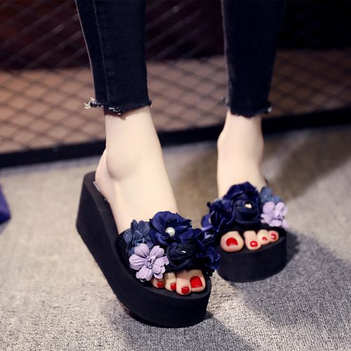 拖鞋女夏时尚外一字拖防滑坡新款高跟甜美沙滩一字拖