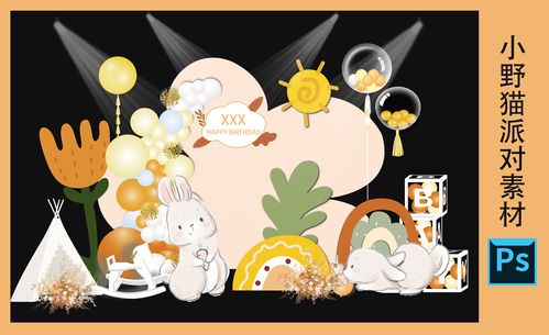 橙色黄色兔子宝宝宴素材百日宴生日派对背景图设计psd